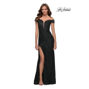 La Femme 29693 Black Lace Off The Shoulder V-Neck Slit Gown Size 12 NWT